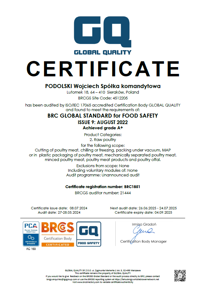 Certyfikat BRC FOOD EN 2024