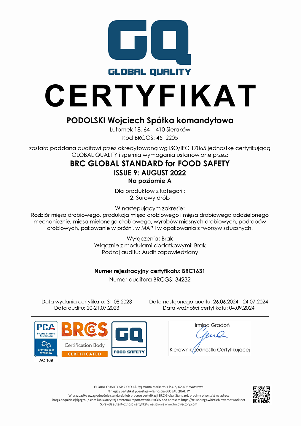 Certyfikat BRC FOOD PL 2023