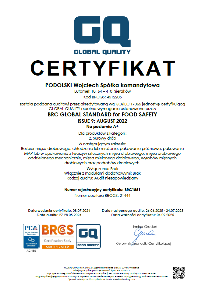 Certyfikat BRC FOOD PL 2024